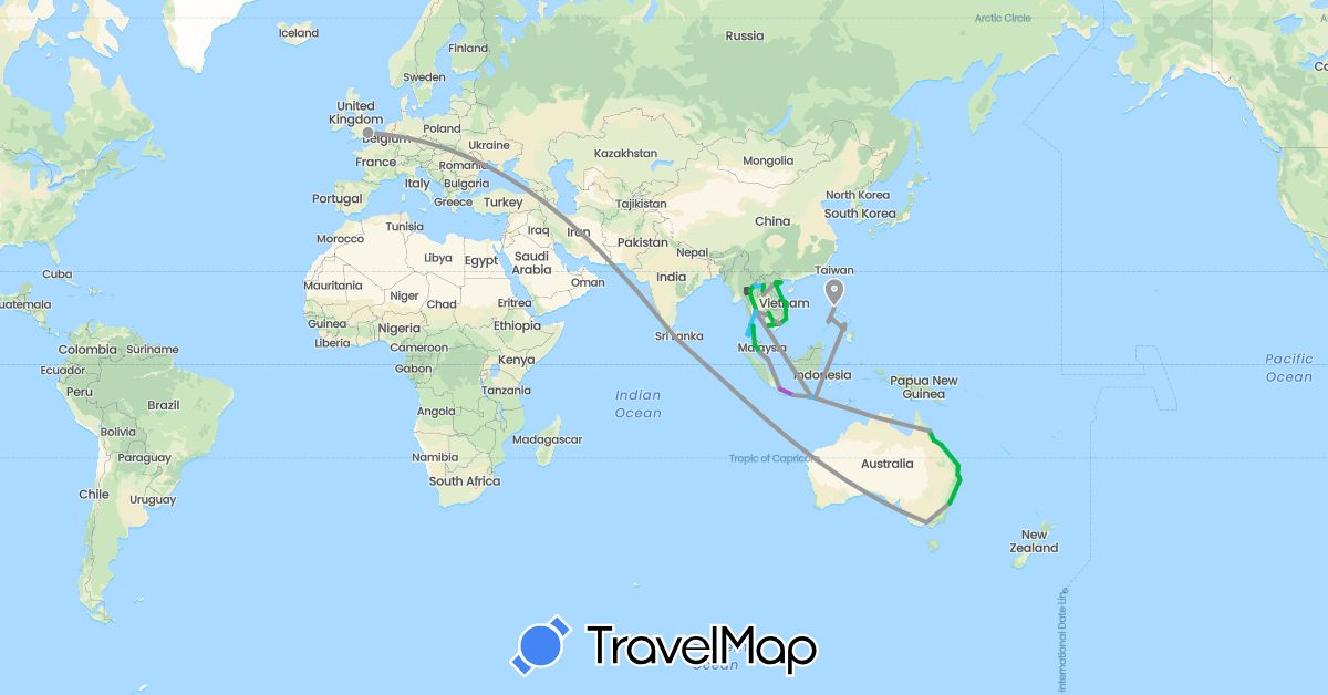 TravelMap itinerary: bus, plane, train, boat, motorbike in Australia, United Kingdom, Indonesia, Cambodia, Laos, Sri Lanka, Malaysia, Philippines, Singapore, Thailand, Vietnam (Asia, Europe, Oceania)